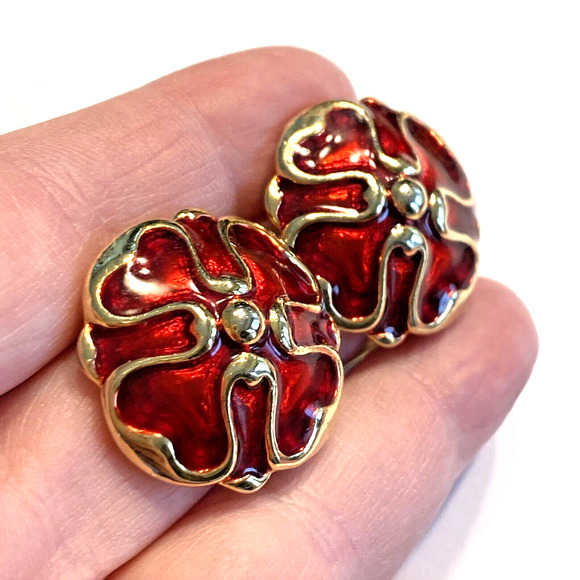 Chunky Pierced Earrings Vintage 1990’s Goldtone & Red Jelly Enamel Domed Rounds - Picture 6 of 6